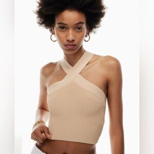 Aritzia Babaton Sculpt Knit Criss Cross Cropped Top in Beige